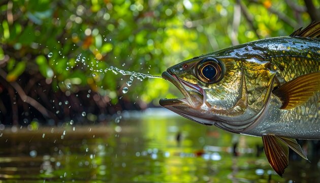 Archerfish spitting water at prey in mangrove canal close-up macro wildlife portrait