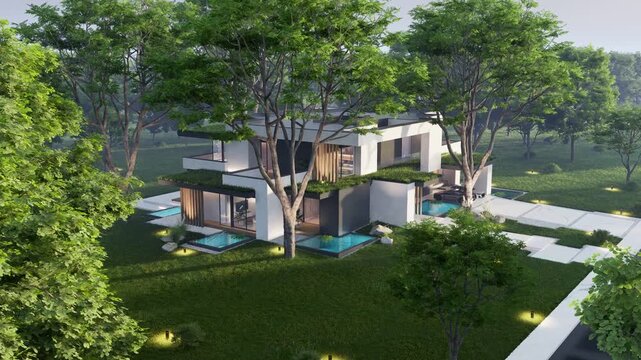 4K video rendering of two-story house with parking and pool for sale or rent with concrete facade and beautiful landscaping Clear summer evening with cozy light from window