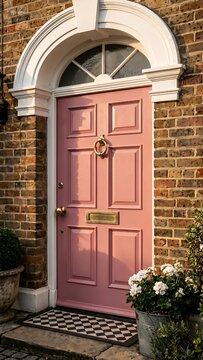 Pink paneled front door with brass knocker and mail slot, framed by arched transom window and brickwork