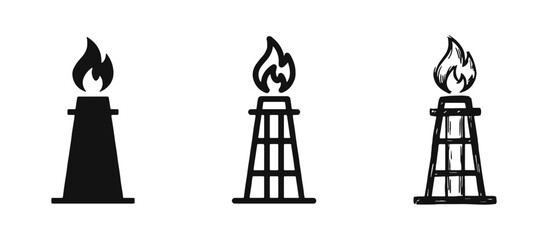 Fototapeta premium Industrial oil refinery tower icon set with flame and chimney