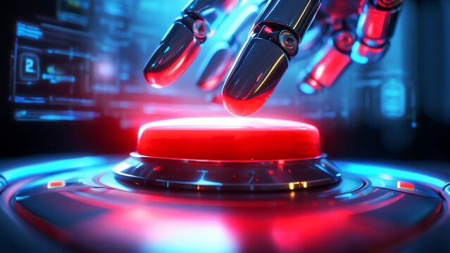 Robotic hand poised to press a glowing red button on a futuristic console with blue neon lights and digital