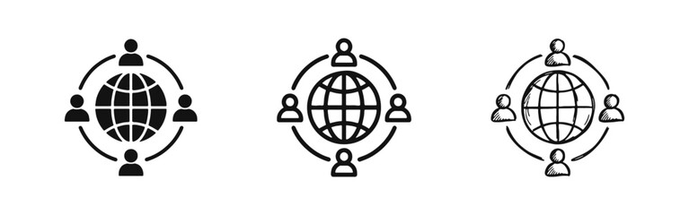 Fototapeta na wymiar Global network and international community icon set with people and globe