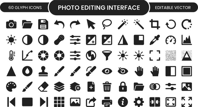 Photo Editing Interface Glyph Icons Set for Image Tools, Color Adjustment, Filters, Layers, and Creative App Design
