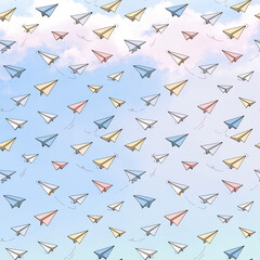 Obraz premium Cute paper airplane seamless pattern background, hand drawn origami planes flying in blue sky with clouds doodle vector illustration for nursery fabric.