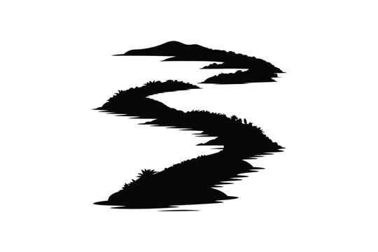 A black silhouette of a winding tropical island chain with lush vegetation, isolated on a white background, representing a scenic coastal landscape or a remote archipelago seen from an aerial