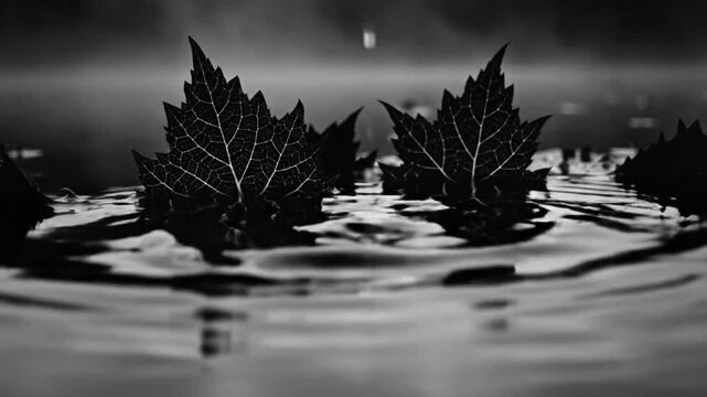 Black and white close up of maple leaves floating on water with water droplets falling, evoking tranquility and peace.