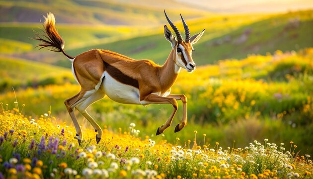 Springbok antelope pronking with all four legs off the ground in golden grassland at sunrise