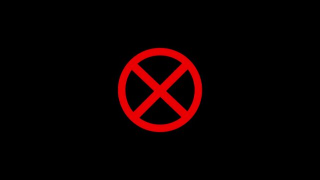 Cross animation video. 4K. Cross mark aniation. No access animation video on black background . 4k video,..