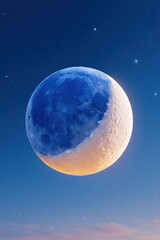 Obraz premium Bright crescent moon glowing in dark blue starry sky. Celestial body lunar surface with crater detail against infinite cosmos. Astronomical exploration of night space science concept.