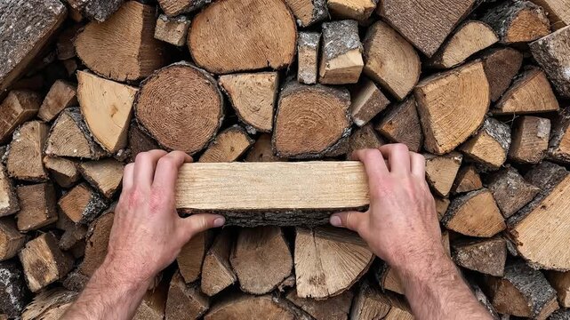 Hands pile up logs in a rustic woodpile.