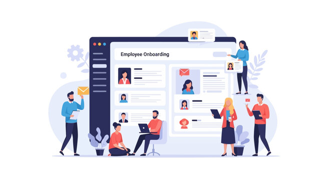 Corporate HR team managing employee onboarding process with digital software interface.