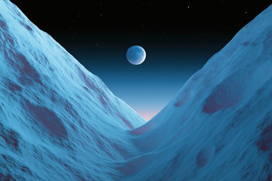 Moon over icy mountain peaks against a starry night sky. Surreal alien landscape with glowing crater ridges and deep valley. Space exploration concept of quiet frozen celestial world.