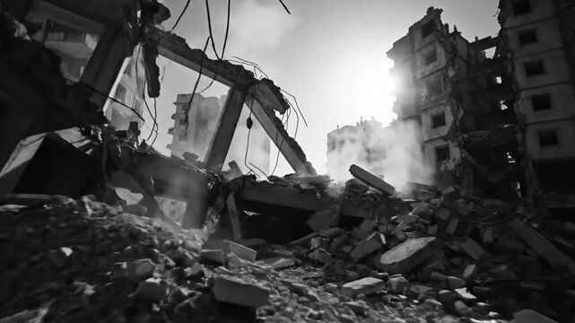 Devastation and destruction of bombed buildings silhouetted against a bright sky, aftermath of war and conflict.