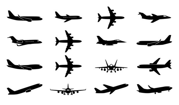 Airplane silhouette vector icon set with commercial passenger airliners fighter jets and military cargo aircraft for aviation travel and transportation logo designs