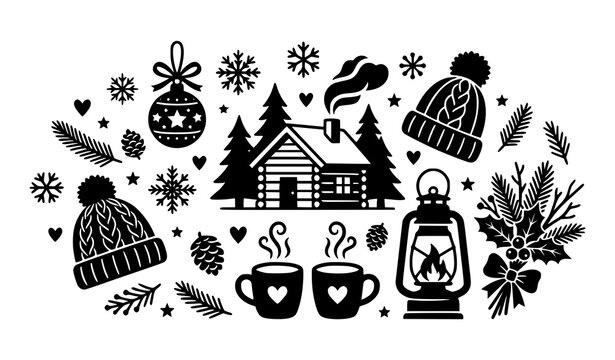 Cozy winter cabin element set with log hut snowflakes knit hats hot chocolate mugs lantern and pine cones for Christmas holiday card designs