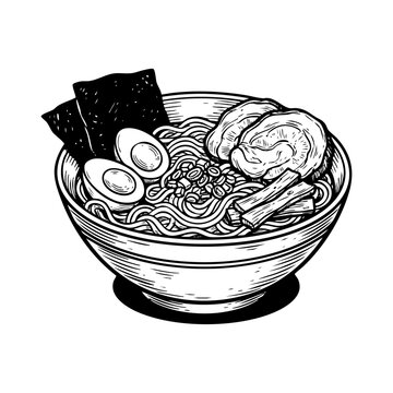A black and white hand-drawn illustration of a Japanese ramen bowl with soft-boiled eggs, chashu pork, and nori seaweed.
