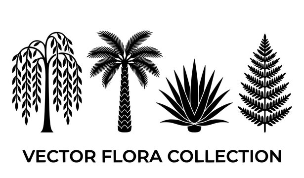 Tropical and exotic tree silhouette vector set with palm fern agave and willow leaves for summer beach vacation nature branding logo design
