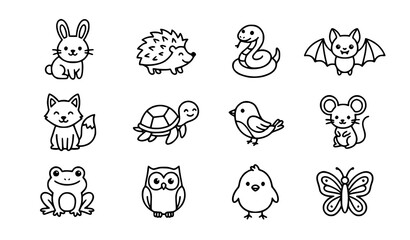 Fototapeta premium Cute forest and wild animal line icon set with cartoon rabbit hedgehog snake bat fox turtle bird mouse frog owl chick and butterfly for children coloring book