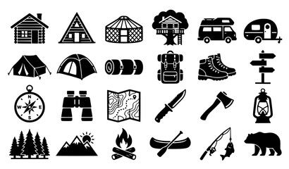 Camping and outdoor adventure icon set with tent cabin camper van map compass backpack campfire and wild animals for tourism website design © Hosneara