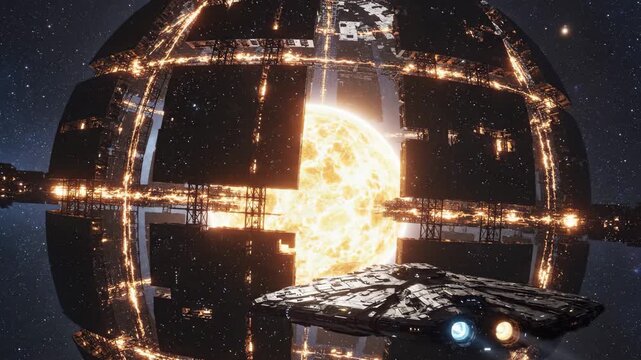 A complex metallic megastructure cage resembling a fully enclosed Dyson sphere floating in outer space. This high-tech 3D rendered scifi asset features intricate geometric grid patterns with a distant