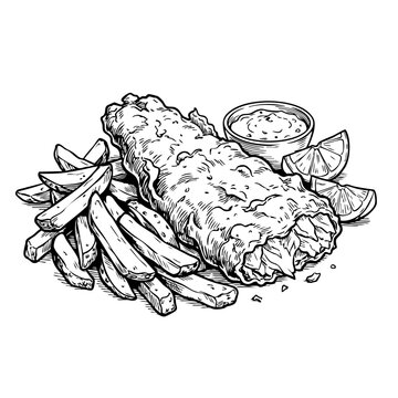 A black and white line art illustration of classic fish and chips with crispy fries, tartar sauce, and lemon wedges.