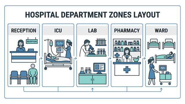 Hospital department zones layout showing reception, ICU, lab, pharmacy, and ward.