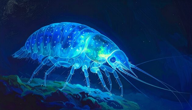 Bioluminescent deep-sea copepod glowing in dark ocean with blue light close-up macro view