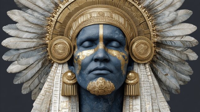 A close-up portrait of a statue or person with blue skin and closed eyes, wearing an elaborate golden indigenous headdress adorned with large feathers and intricate metallic ornaments.