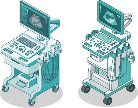 Clean isometric vector set of portable ultrasound machines and sonography equipment used in modern hospitals and clinics.