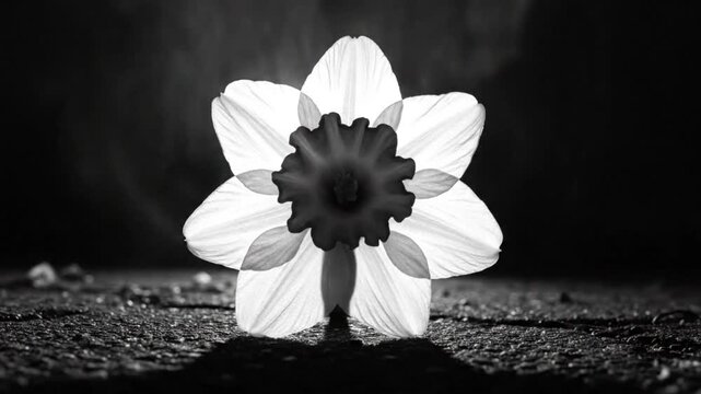 Black and White Macro Shot of a Delicate Daffodil Flower Illuminated Against Abstract Smoke in a Dramatic Setting