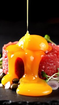 Raw Beef Tartare with Raw Egg Yolk and Pouring Olive Oil
