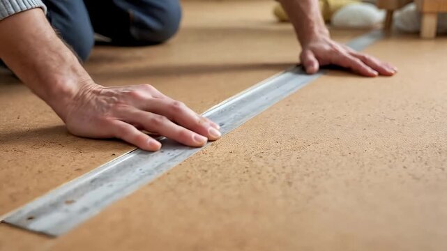 Hands measuring a line on a material with a ruler for a project.