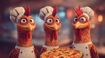 Fototapeta premium Three cartoon chickens in chef hats hold a pizza in a restaurant kitchen setting while smiling at the camera and showcasing their dish in the evening