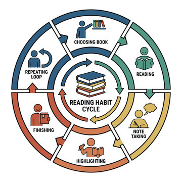 Reading habit cycle diagram showing steps from choosing book to repeating loop in circles.