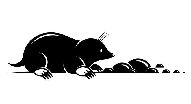 Stylized black mole illustration actively digging next to molehills, representing a garden pest or subterranean mammal concept.