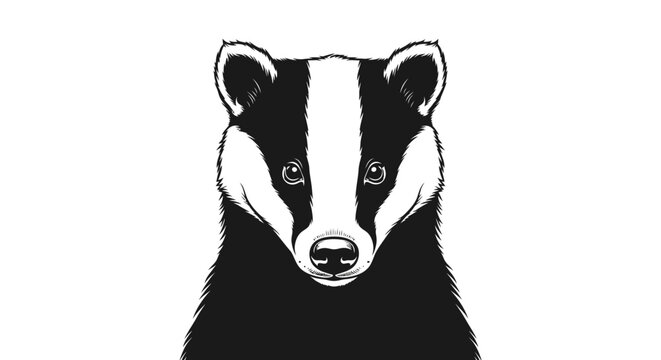 Detailed black and white illustration of a European badger's head and upper body, frontal view, wildlife drawing artwork