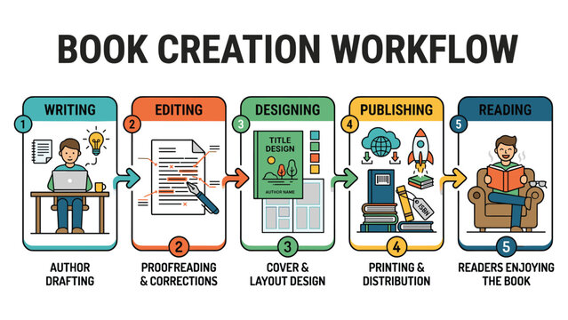 Book creation workflow process with five steps like writing, editing, designing, publishing, reading.