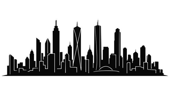Skyline silhouette depicts a modern city with various tall buildings and distinct architectural structures.