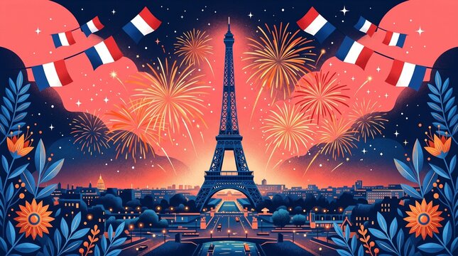 Eiffel tower in paris with bright fireworks and french flags at night