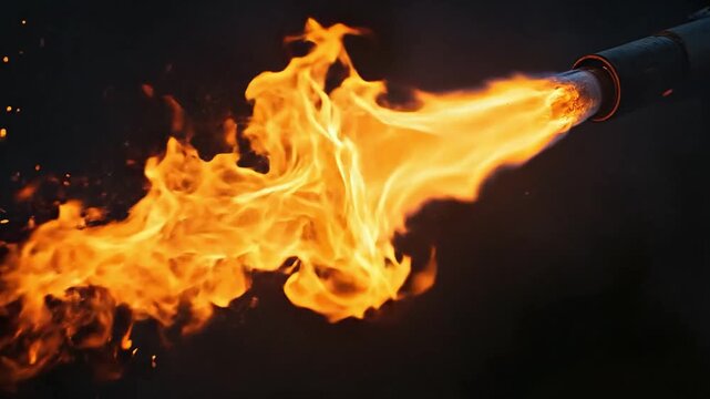 A powerful blast of orange and yellow flame erupts from a nozzle.