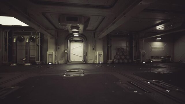 Emergency corridor leading to sealed hatch, flickering lights illuminate taped sections and scattered instruments, wet floor and steel conduits, distant alarm