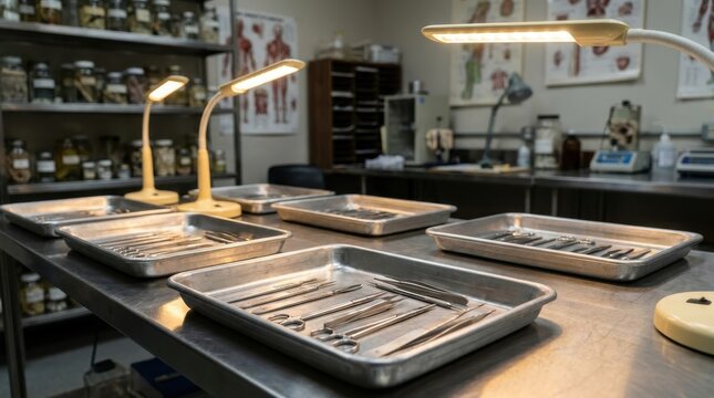 Surgical dissection trays filled with medical instruments arranged on a laboratory table