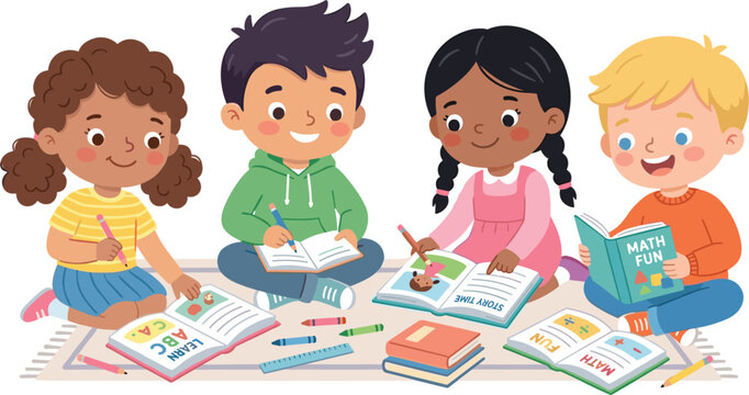 Diverse happy children reading and studying vector illustration set, preschool classroom elementary education concept