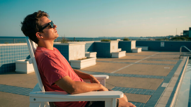A young man wearing sunglasses sits in a white chair by a swimming pool, eyes closed and head tilted back to enjoy the warm golden sunlight during a calm summer afternoon at a resort.