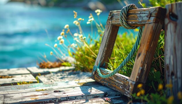 Wooden handline fishing frame with rope on weathered dock by coastal waters in bright daylight