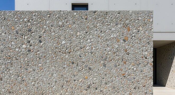 Rough Exposed Aggregate Concrete Wall with Visible Pebbles and a Small Window Above
