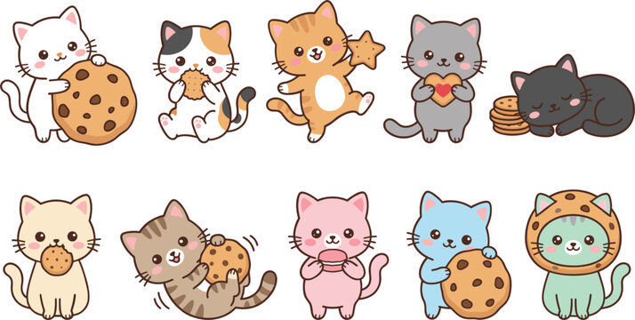 Cute cartoon cats holding and eating chocolate chip cookies sweet kitten character vector illustration set