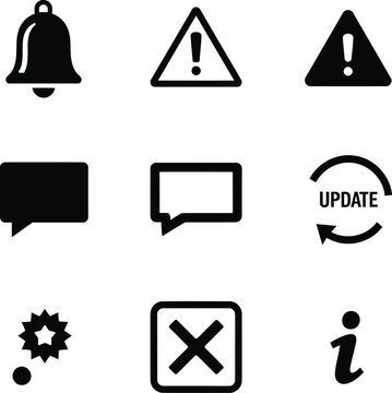Collection of various black warning and notification icons on white background