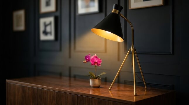 Mid century modern gold and black tripod table lamp illuminating a pink orchid on a wooden surface
