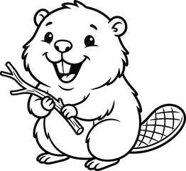 Cute cartoon beaver holding a wooden stick line art outline vector illustration for kidsCute cartoon beaver holding a wooden stick line art outline vector illustration for kids © Sagor